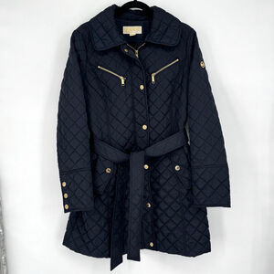Michael Kors Quilted Belted Jacket L Navy with Gold Hardware